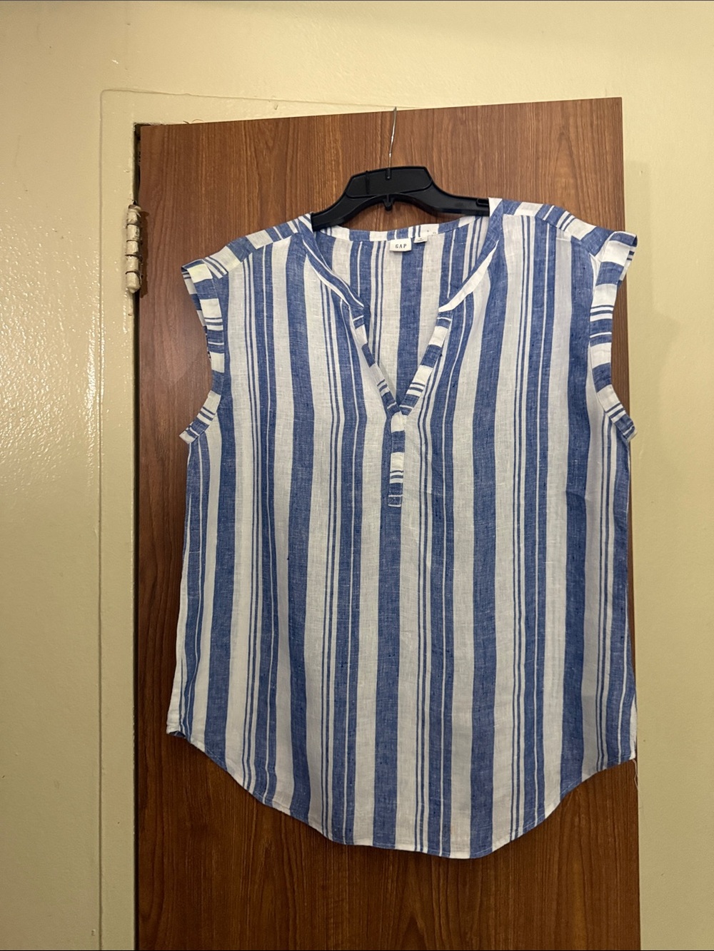 GAP Blue and White Vertical Stripe Sleeveless Blouse